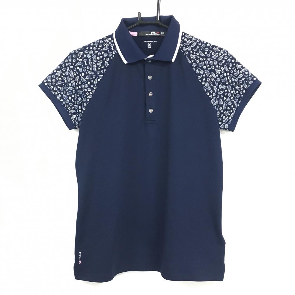 RLXラルフローレン 半袖ポロシャツ ネイビー×白 袖リーフ柄×小花柄 スナップボタン WICKING レディース M ゴルフウェア Ralph Lauren