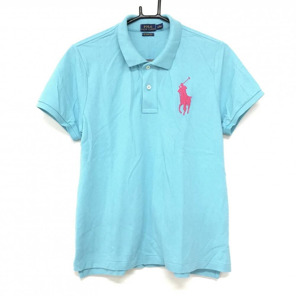 ポロラルフローレン 半袖ポロシャツ ライトブルー×ピンク ビッグポニー レディース XL ゴルフウェア Ralph Lauren
