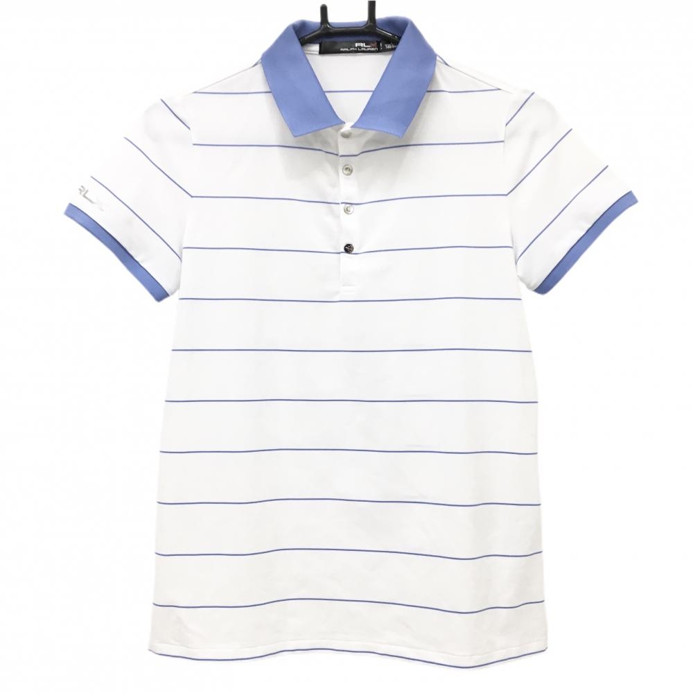 【美品】RLXラルフローレン 半袖ポロシャツ 白×ブルー系 ボーダー スナップボタン レディース S ゴルフウェア Ralph Lauren