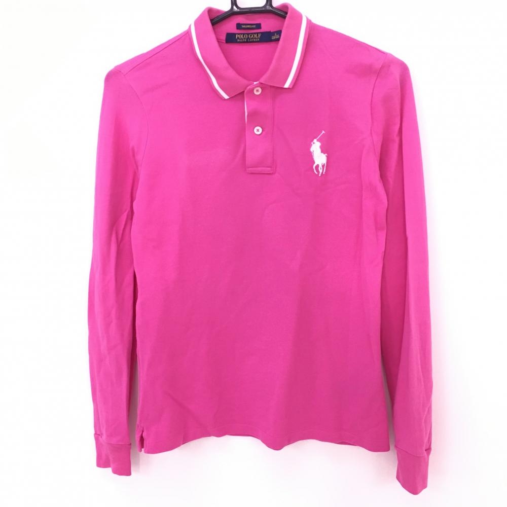 ポロゴルフ ラルフローレン 長袖ポロシャツ ピンク×白 ポニー刺しゅう コットン100％ レディース S ゴルフウェア Ralph Lauren