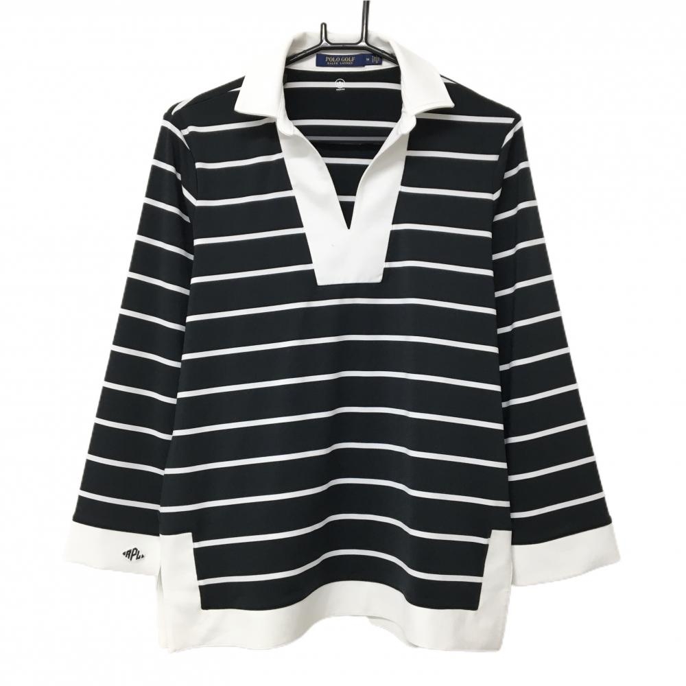 ポロゴルフ ラルフローレン 長袖スキッパーシャツ 黒×白 ボーダー 裾スリット レディース M ゴルフウェア Ralph Lauren