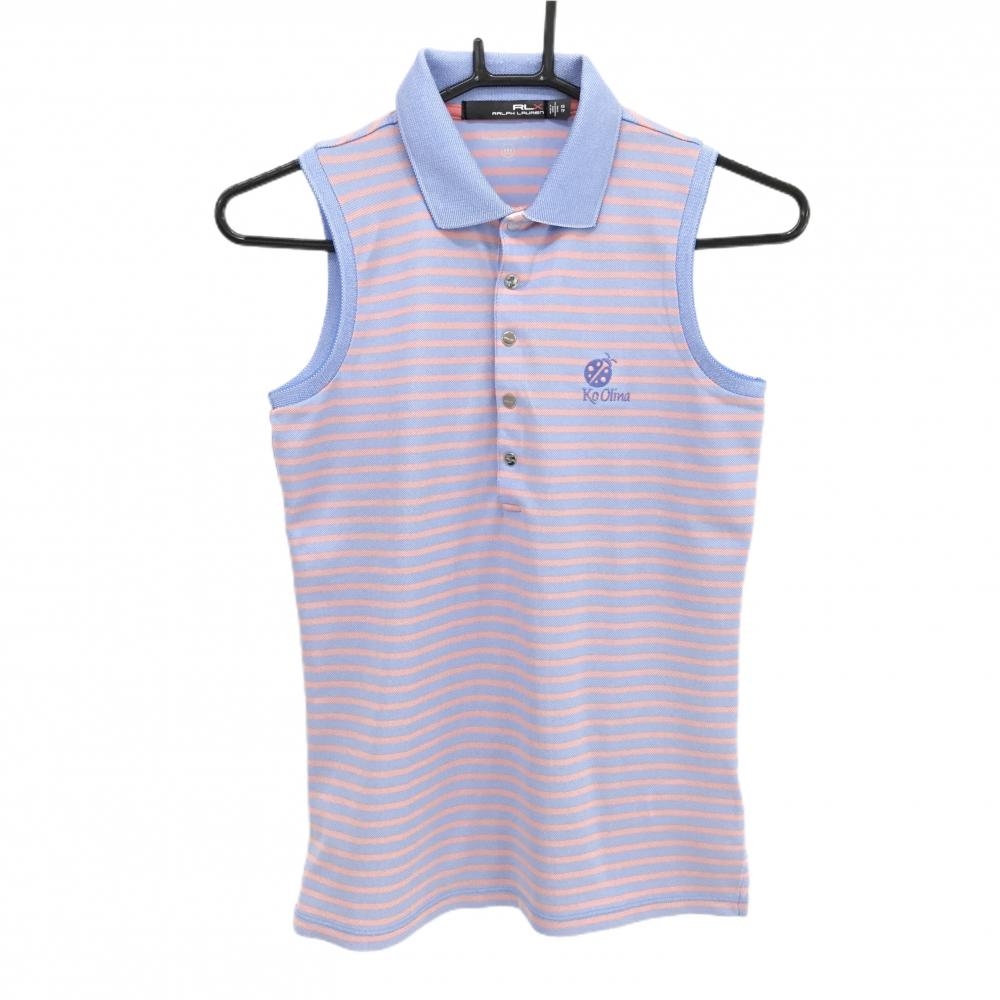 【美品】RLXラルフローレン ノースリーブポロシャツ ライトブルー×サーモンピンク ボーダー   レディース XS ゴルフウェア Ralph Lauren