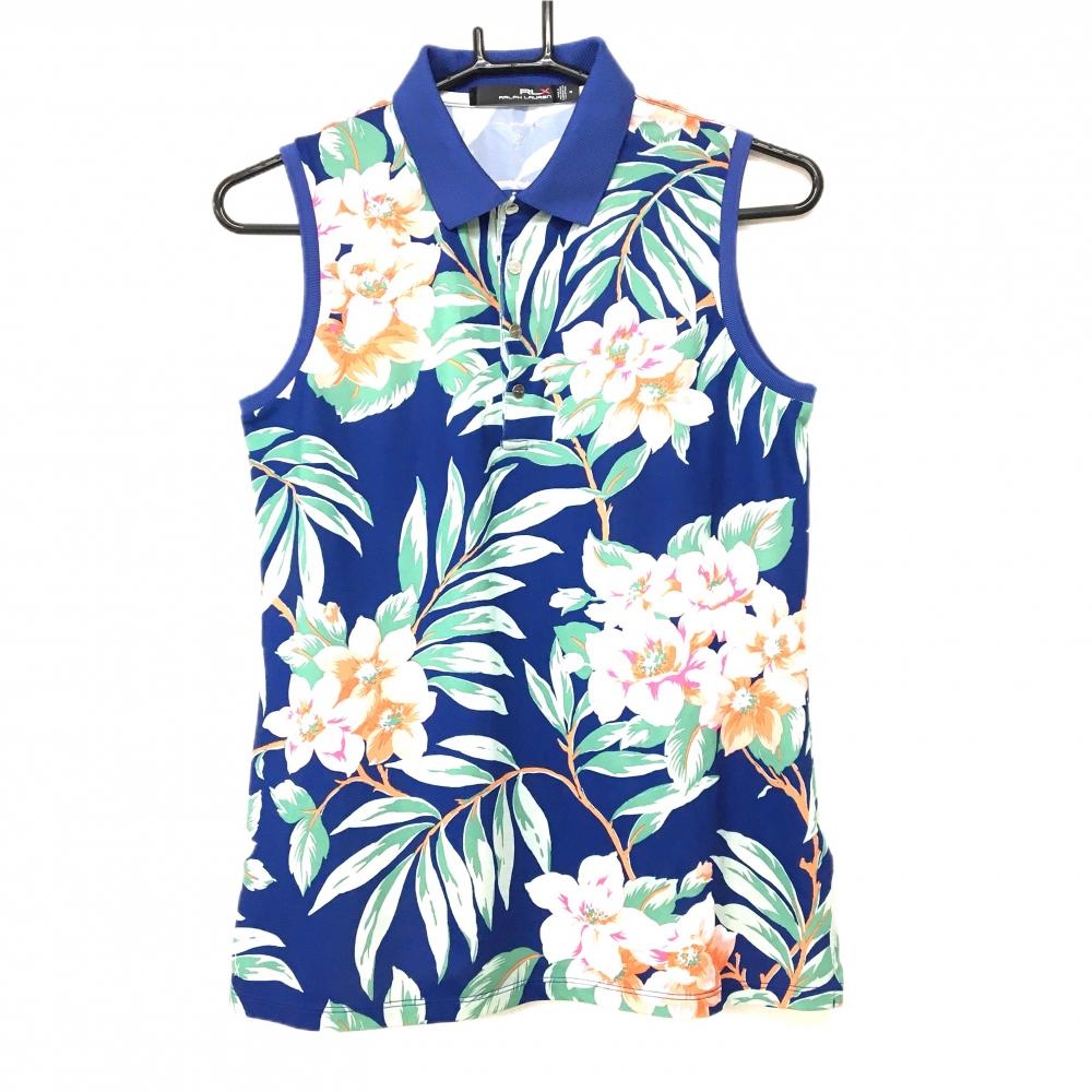 【超美品】RLXラルフローレン ノースリーブポロシャツ ブルー×グリーン×ピンク 花柄  レディース M ゴルフウェア Ralph Lauren