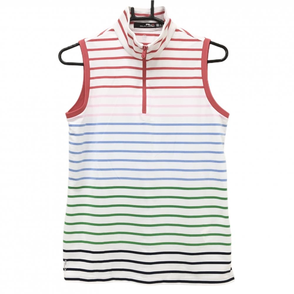 【超美品】RLXラルフローレン ノースリーブハイネックシャツ 白×マルチカラー ボーダー  レディース M ゴルフウェア Ralph Lauren