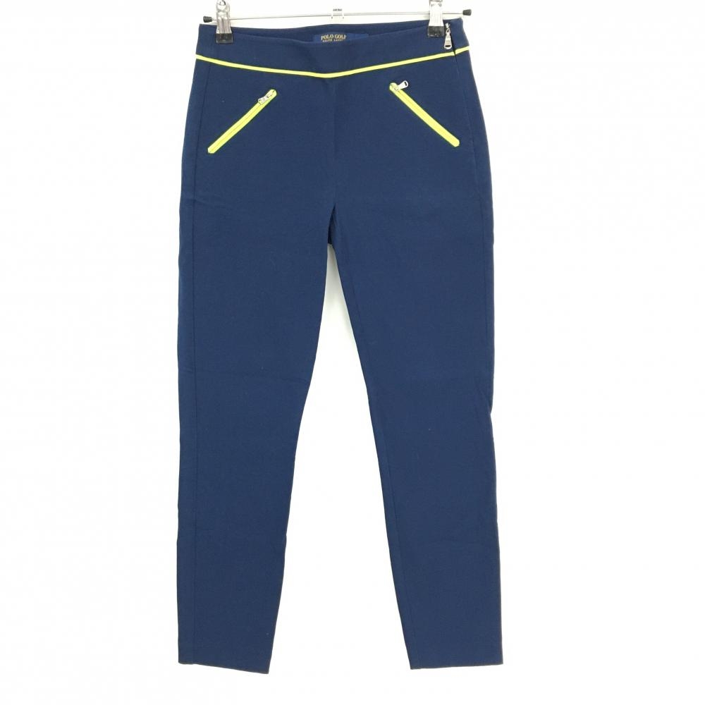 【美品】ポロゴルフ パンツ ネイビー×蛍光イエロー サイドジップ  レディース 0(XS) ゴルフウェア Ralph Lauren