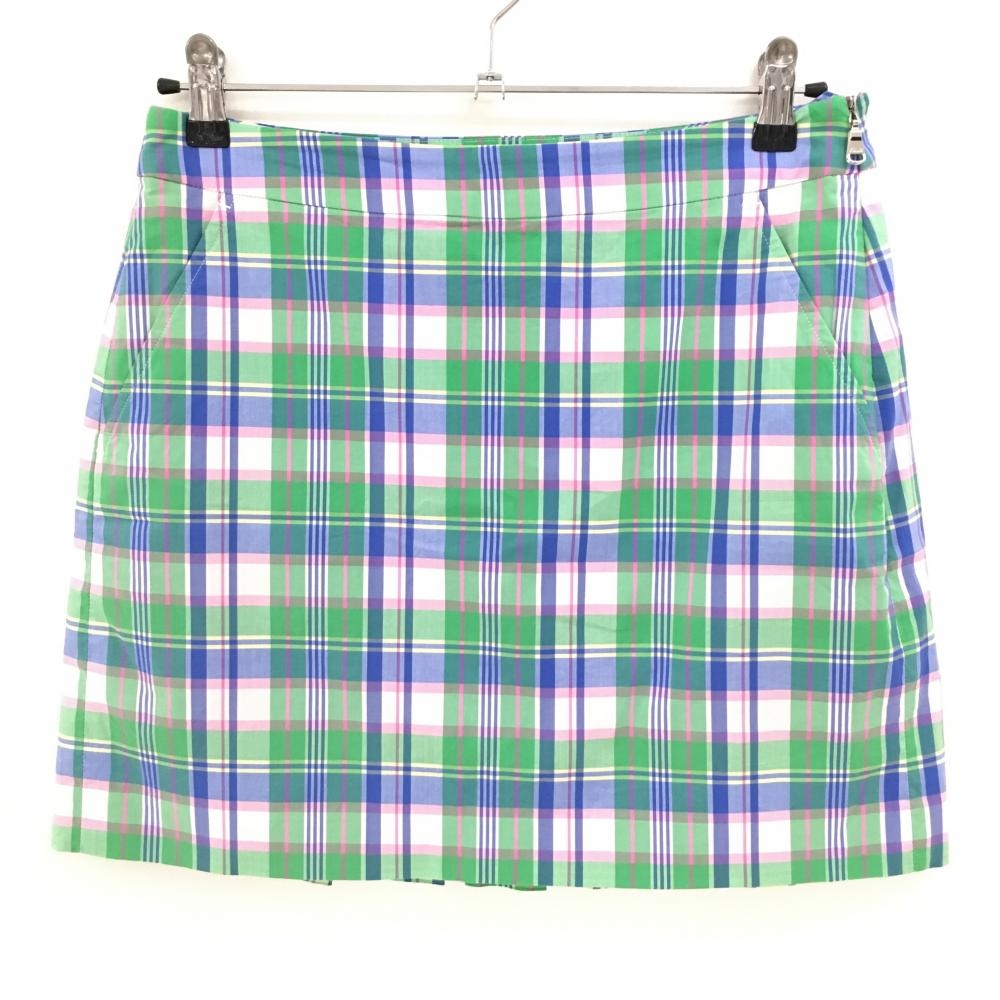 【美品】ポロゴルフ スカート グリーン×ブルー×ピンク チェック 後ろ裾プリーツ  レディース 2(M) ゴルフウェア Ralph Lauren