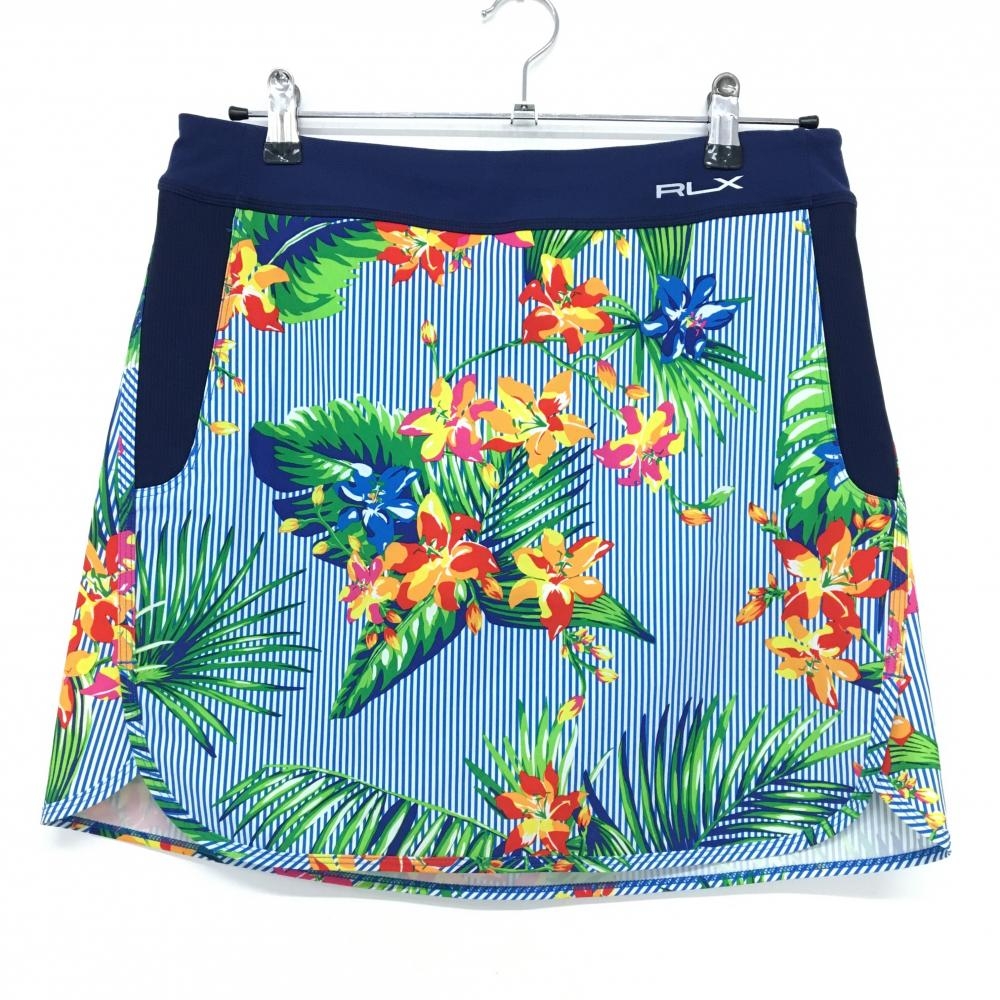 【超美品】RLXラルフローレン スカート ネイビー×白 ストライプ ボタニカル柄 ストレッチ レディース M ゴルフウェア Ralph Lauren