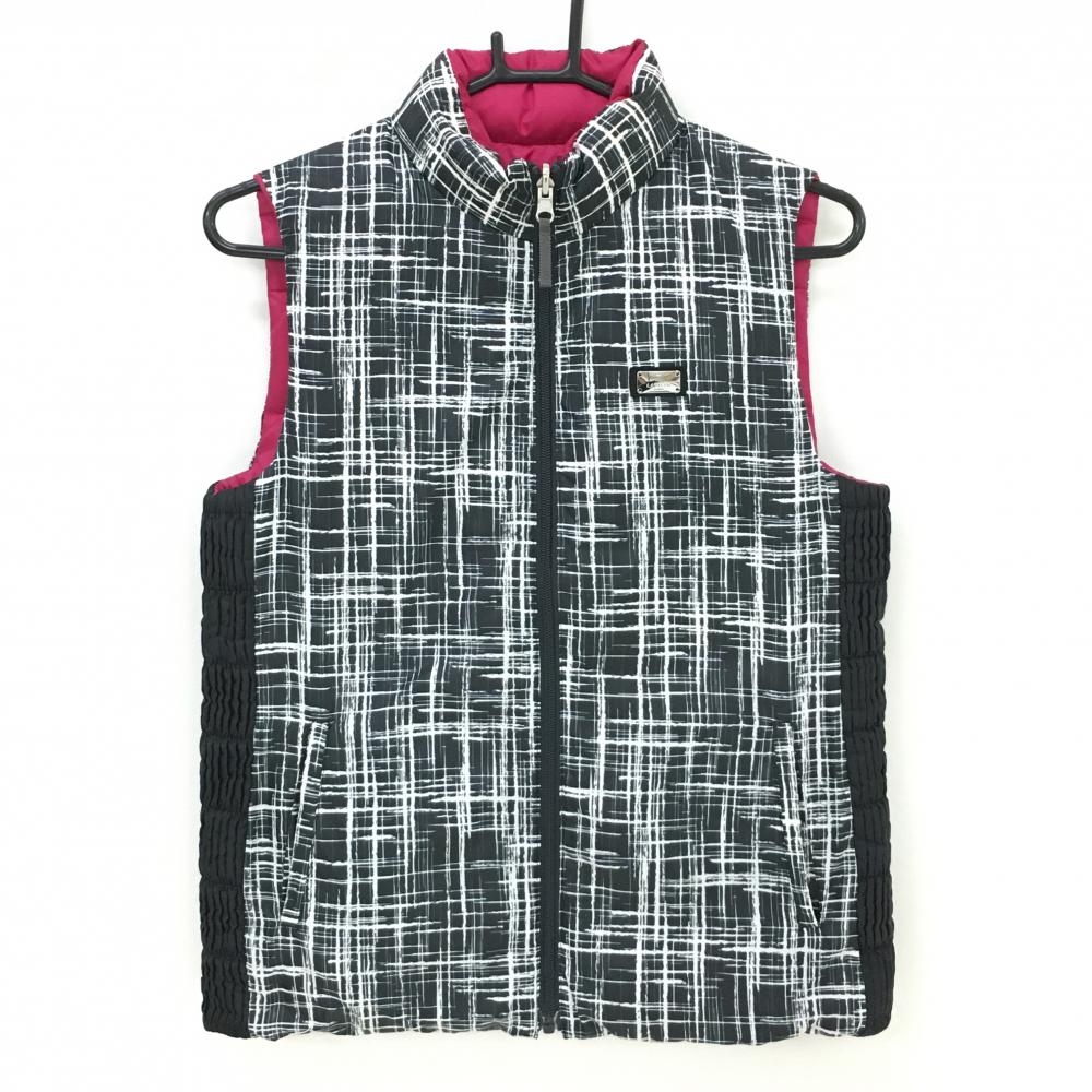 ランバンスポール リバーシブルダウンベスト 黒×白 総柄 サイド切替 裏ピンク無地  レディース 38(M) ゴルフウェア LANVIN SPORT