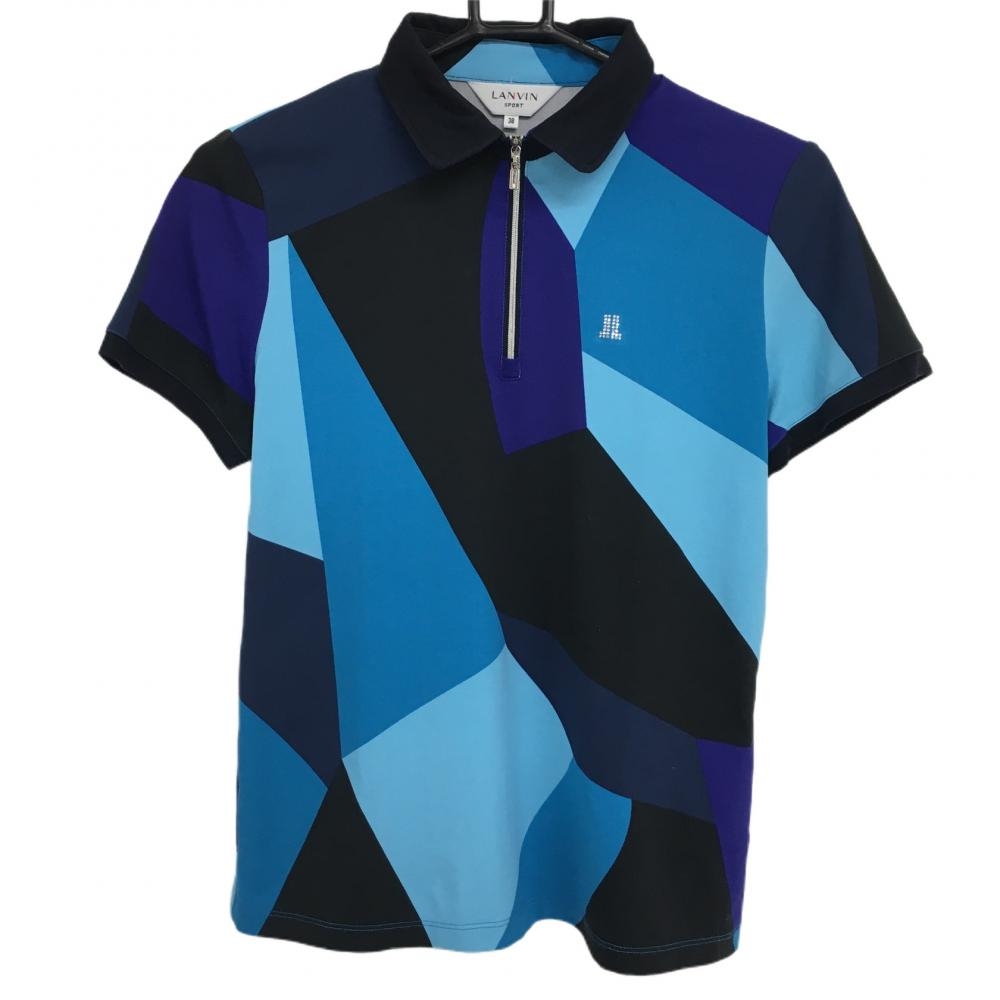 ランバンスポール 半袖ポロシャツ 黒×ブルー 総柄 ハーフジップ ラインストーン  レディース 38(M) ゴルフウェア LANVIN SPORT
