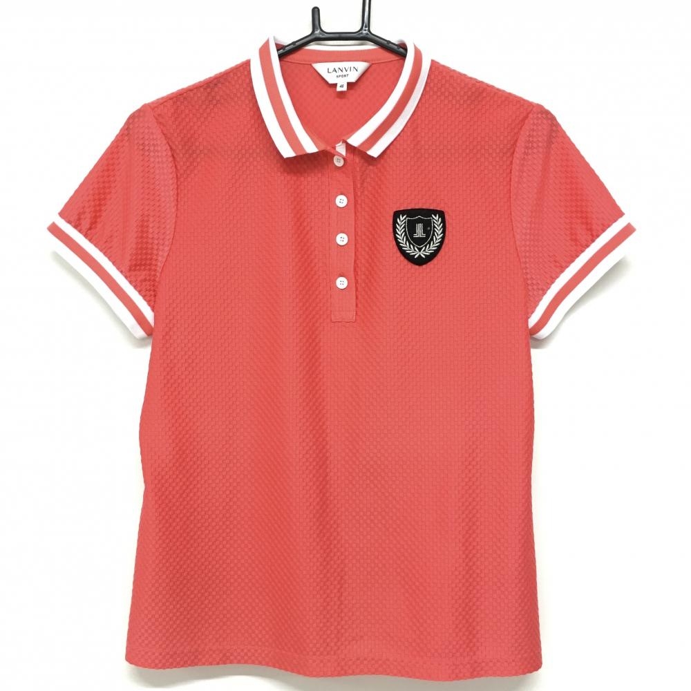 【超美品】ランバンスポール 半袖ポロシャツ レッドピンク×白 凸凹生地 ロゴワッペン レディース 40(L) ゴルフウェア LANVIN SPORT