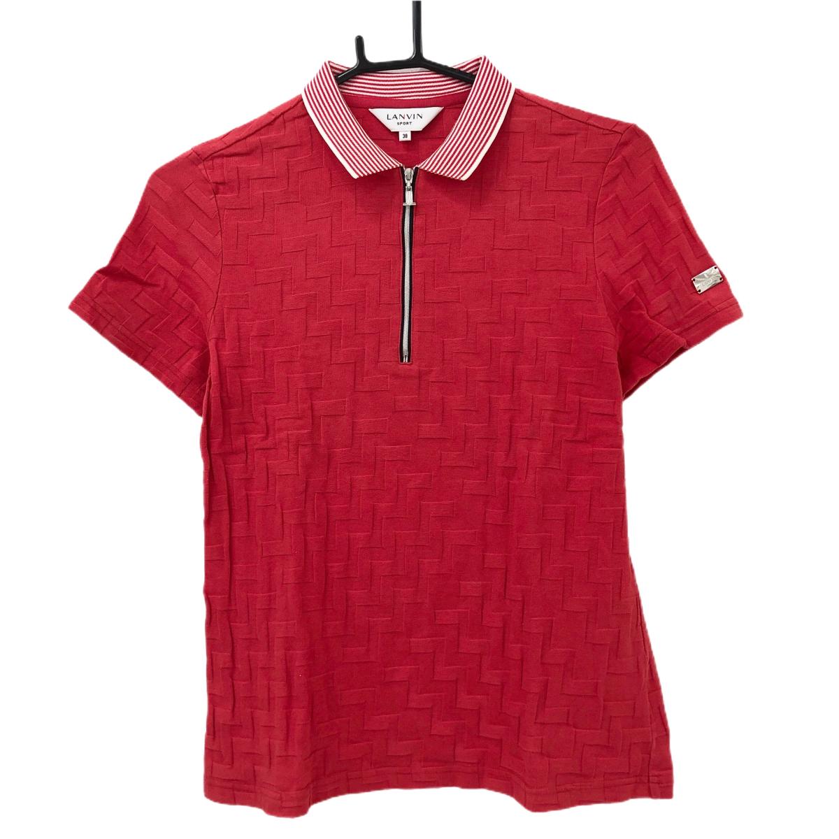 【超美品】ランバンスポール 半袖ポロシャツ レッド 総柄織生地 襟ボーダー ハーフジップ レディース 38(M) ゴルフウェア LANVIN SPORT