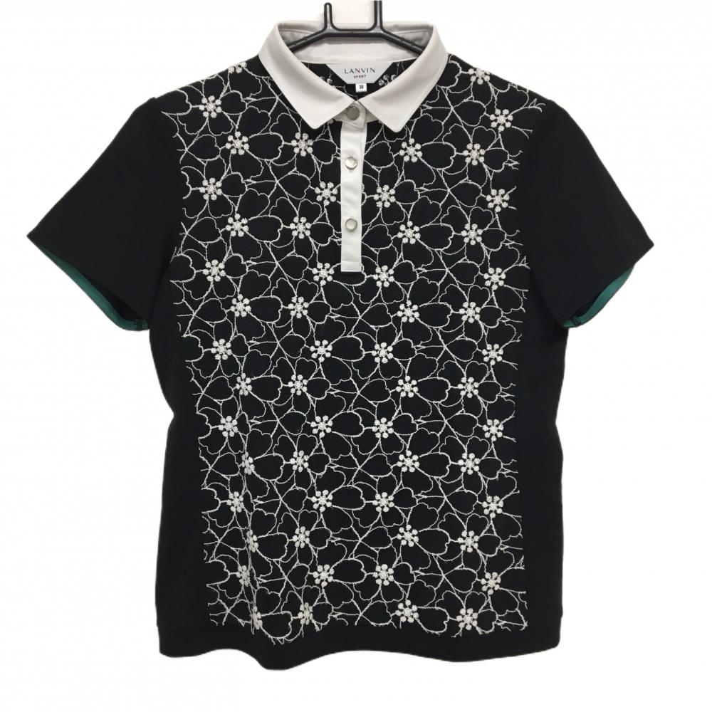 【美品】ランバンスポール 半袖ポロシャツ 黒×白 身頃花柄刺しゅう レディース 38(M) ゴルフウェア LANVIN SPORT