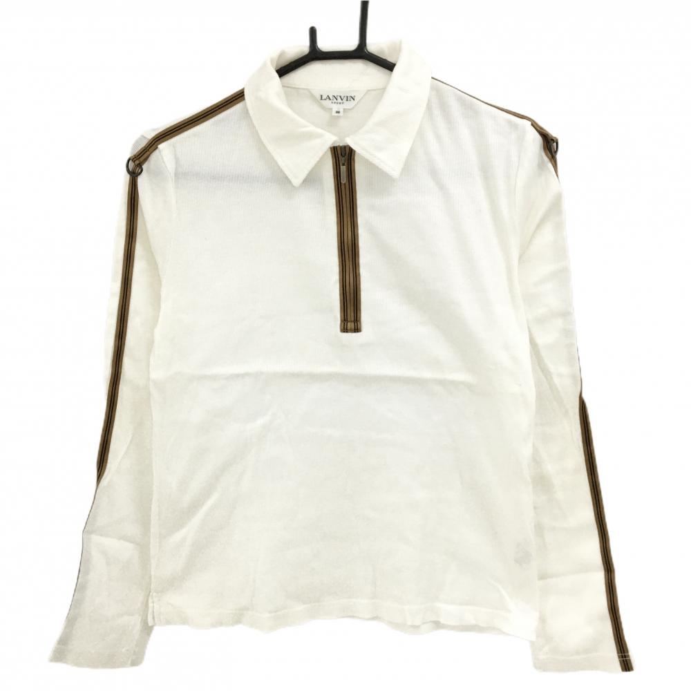 ランバンスポール 長袖ポロシャツ 白×ブラウン ハーフジップ 袖ライン レディース 36(S) ゴルフウェア LANVIN SPORT