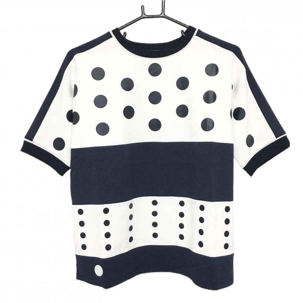 【新品】ランバンスポール 半袖シャツ 白×ネイビー 一部ドット  レディース 42(XL) ゴルフウェア LANVIN SPORT
