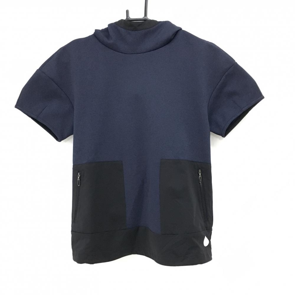 【超美品】ランバンスポール フード付半袖シャツ 杢ネイビー×黒 レディース 38(M) ゴルフウェア LANVIN SPORT