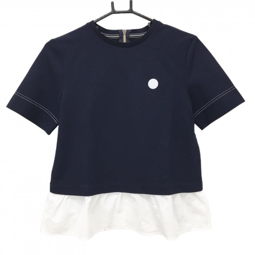 【美品】ランバンスポール 半袖シャツ ネイビー×白 裾フリル 後ろハーフジップ クルーネック レディース 38(M) ゴルフウェア LANVIN SPORT