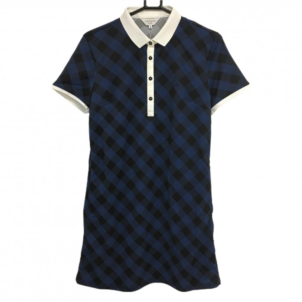 【新品】ランバンスポール 半袖ポロワンピース ネイビー チェック COOL UVカット 吸水速乾 レディース 42(XL) ゴルフウェア LANVIN SPORT