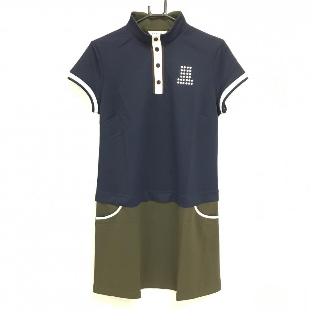 【新品】ランバンスポール 半袖ハイネックワンピース ネイビー×ブラウン COOL UVカット レディース 42(XL) ゴルフウェア LANVIN SPORT