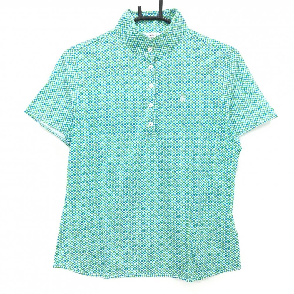 【超美品】ランバンスポール 半袖ハイネックシャツ グリーン×ブルー×白 ブロックチェック レディース 40(L) ゴルフウェア LANVIN SPORT
