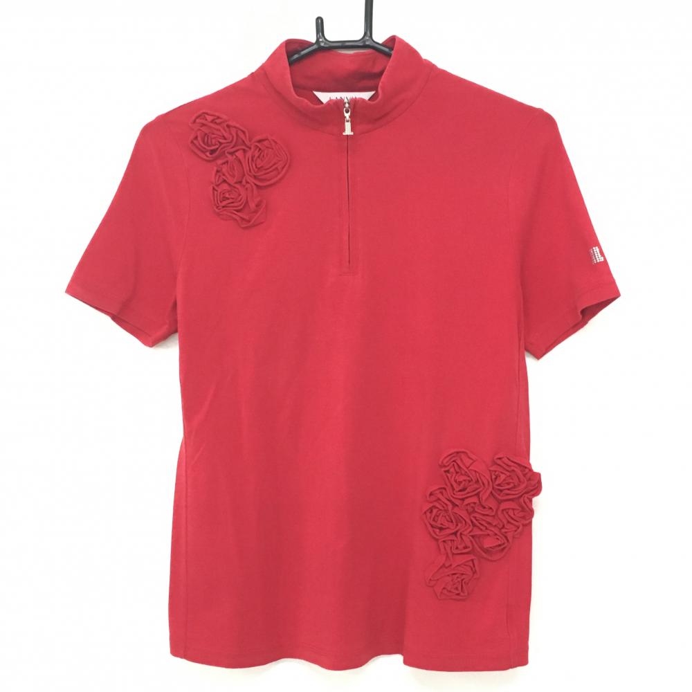 ランバンスポール 半袖ハイネックシャツ レッド 一部花 ハーフジップ レディース 40(L) ゴルフウェア LANVIN SPORT