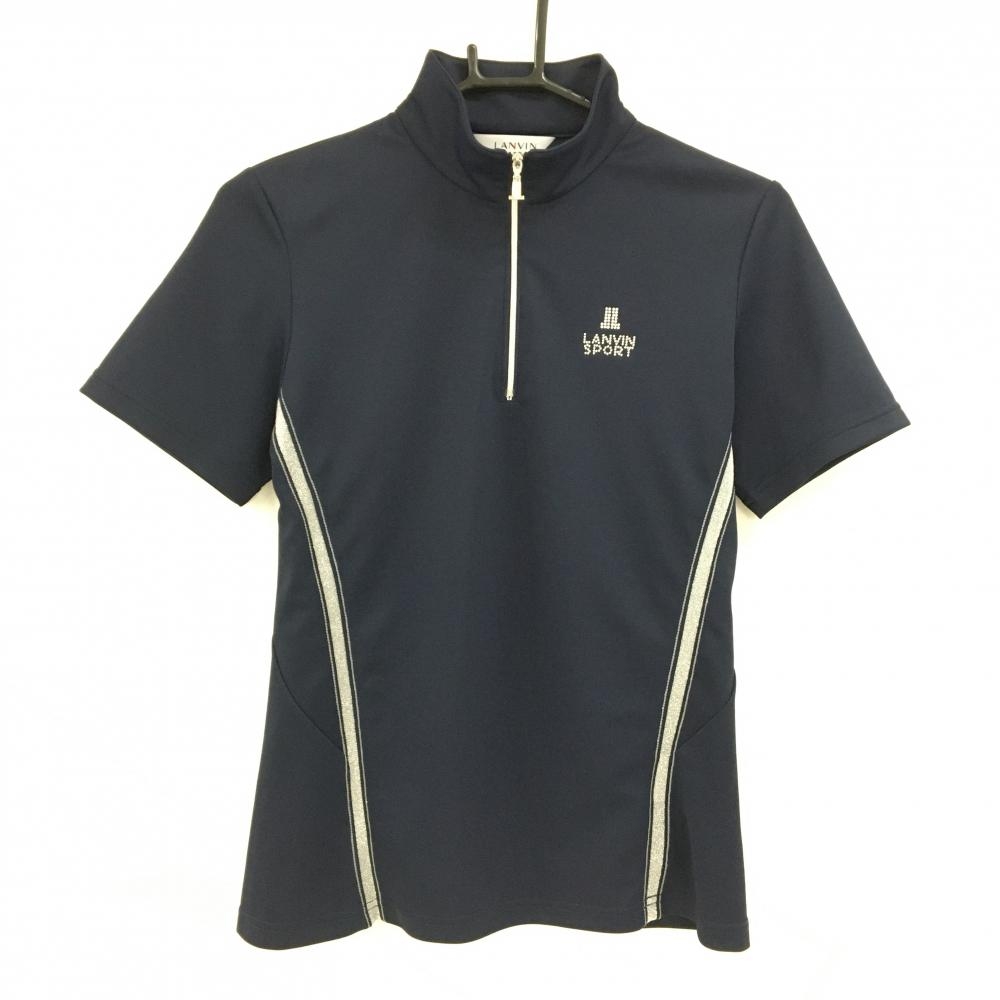 【超美品】ランバンスポール 半袖ハイネックシャツ ネイビー×シルバー ラインストーンロゴ   レディース 38(M) ゴルフウェア LANVIN SPORT