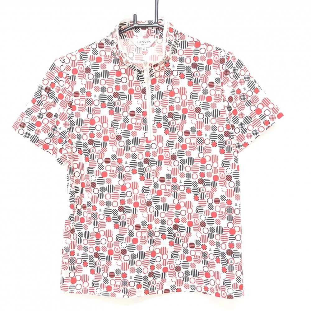 【美品】ランバンスポール 半袖ハイネックシャツ 白×レッド 総柄 ハーフジップ レディース 40(L) ゴルフウェア LANVIN SPORT