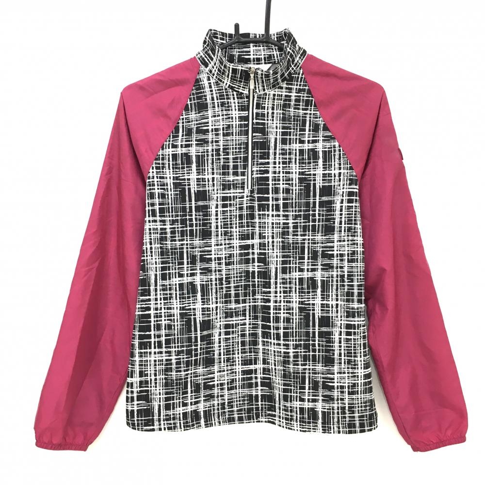 ランバンスポール 長袖ハイネックシャツ 黒×白×ピンク 一部柄 袖レイヤード ハーフジップ レディース 38(M) ゴルフウェア LANVIN SPORT