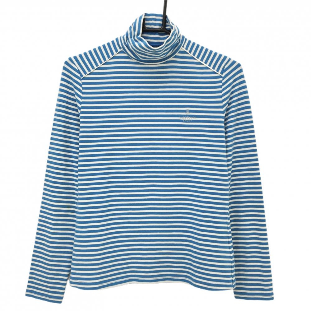 【美品】ランバンスポール 長袖ハイネックシャツ ライトブルー×白 ボーダー 表微起毛 レディース 38(M) ゴルフウェア LANVIN SPORT