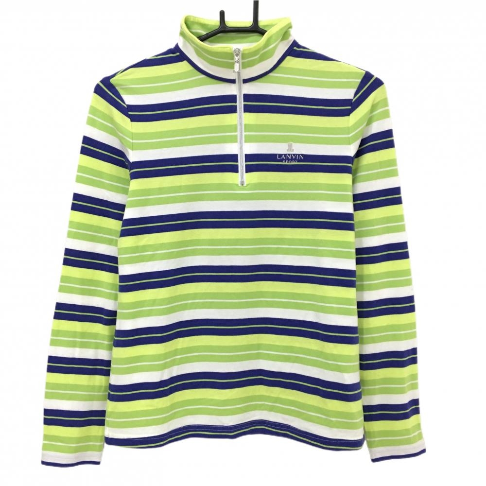 【美品】ランバンスポール 長袖ハイネックシャツ ライトグリーン×ネイビー×白 ボーダー 表微起毛 レディース  ゴルフウェア LANVIN SPORT