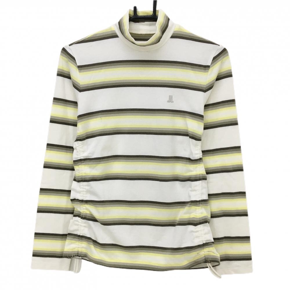 ランバンスポール 長袖ハイネックシャツ 白×イエロー×カーキ ボーダー 微起毛  レディース 38(M) ゴルフウェア LANVIN SPORT
