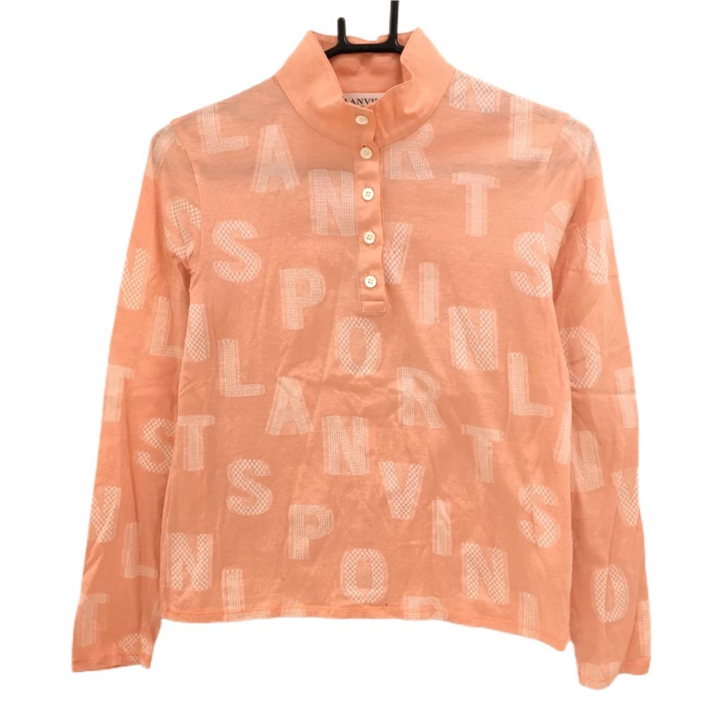 ランバンスポール 長袖ハイネックシャツ サーモンオレンジ系×白 英字総柄 綿100％ レディース 38(M) ゴルフウェア LANVIN SPORT