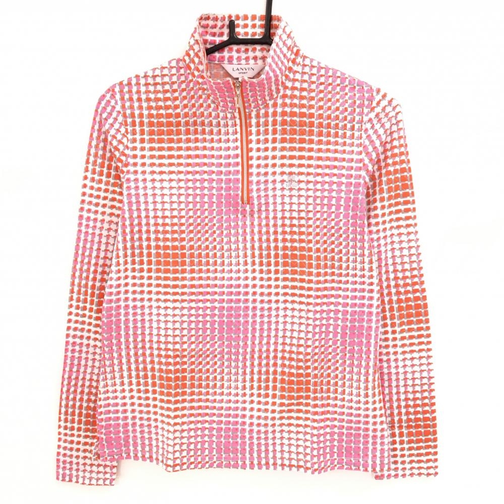 【美品】ランバンスポール 長袖ハイネックシャツ 白×レッド×ピンク スクエア総柄 レディース 40(L) ゴルフウェア LANVIN SPORT