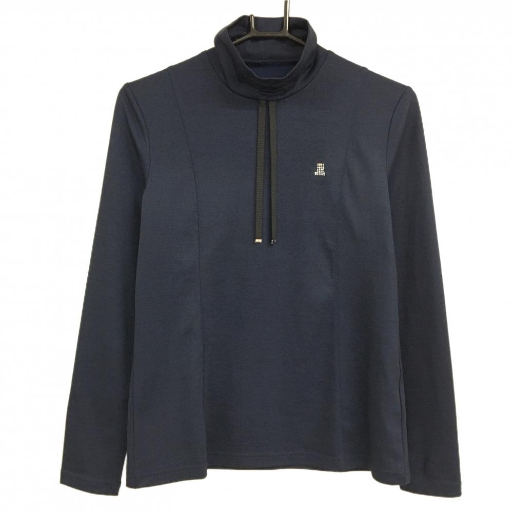 【新品】ランバンスポール 長袖ハイネックシャツ ネイビー ネックギャザー ラインストーン レディース 38(M) ゴルフウェア LANVIN SPORT