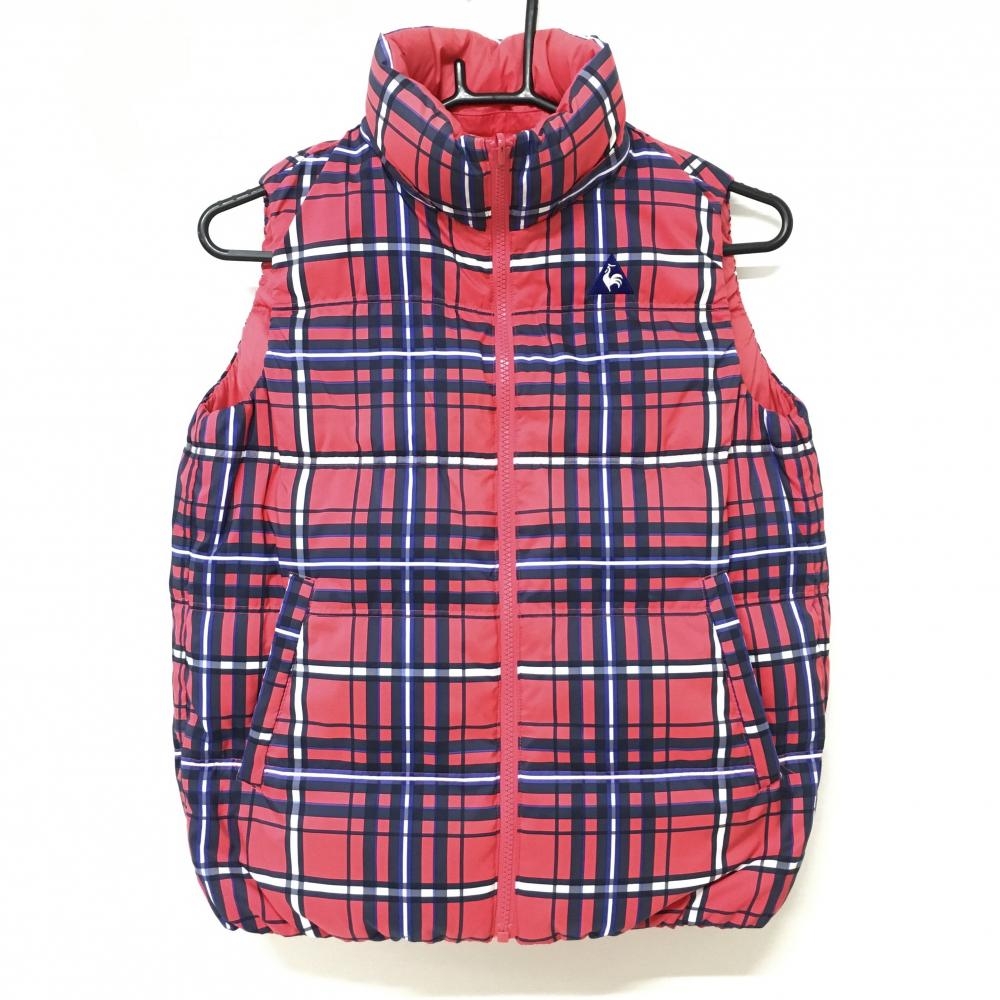 ルコックゴルフ リバーシブルダウンベスト ピンク×ネイビー×白 チェック 裏ピンク無地 胸ロゴ レディース M ゴルフウェア le coq sportif