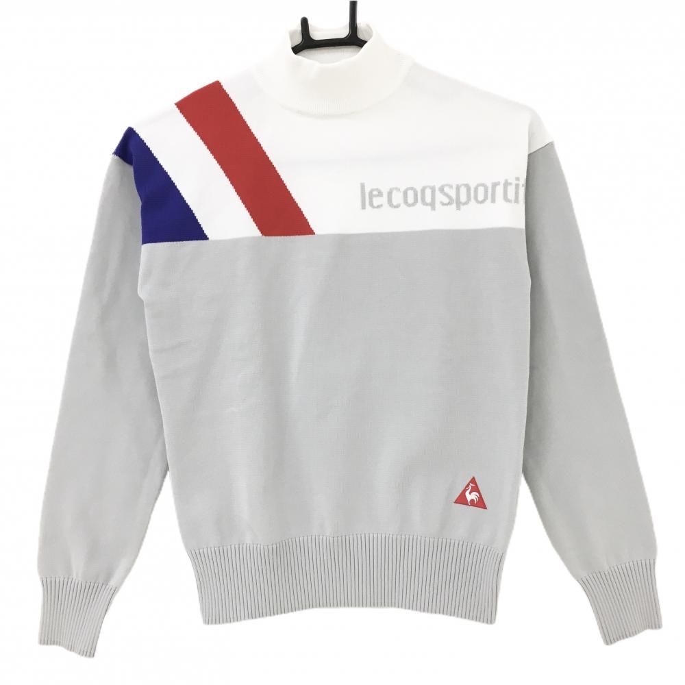 【超美品】ルコック ハイネックセーター グレー×白 胸元ロゴ ニット レディース S ゴルフウェア le coq sportif