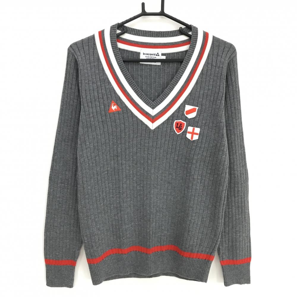 ルコック セーター グレー×白×レッド Vネック  レディース LL ゴルフウェア le coq sportif