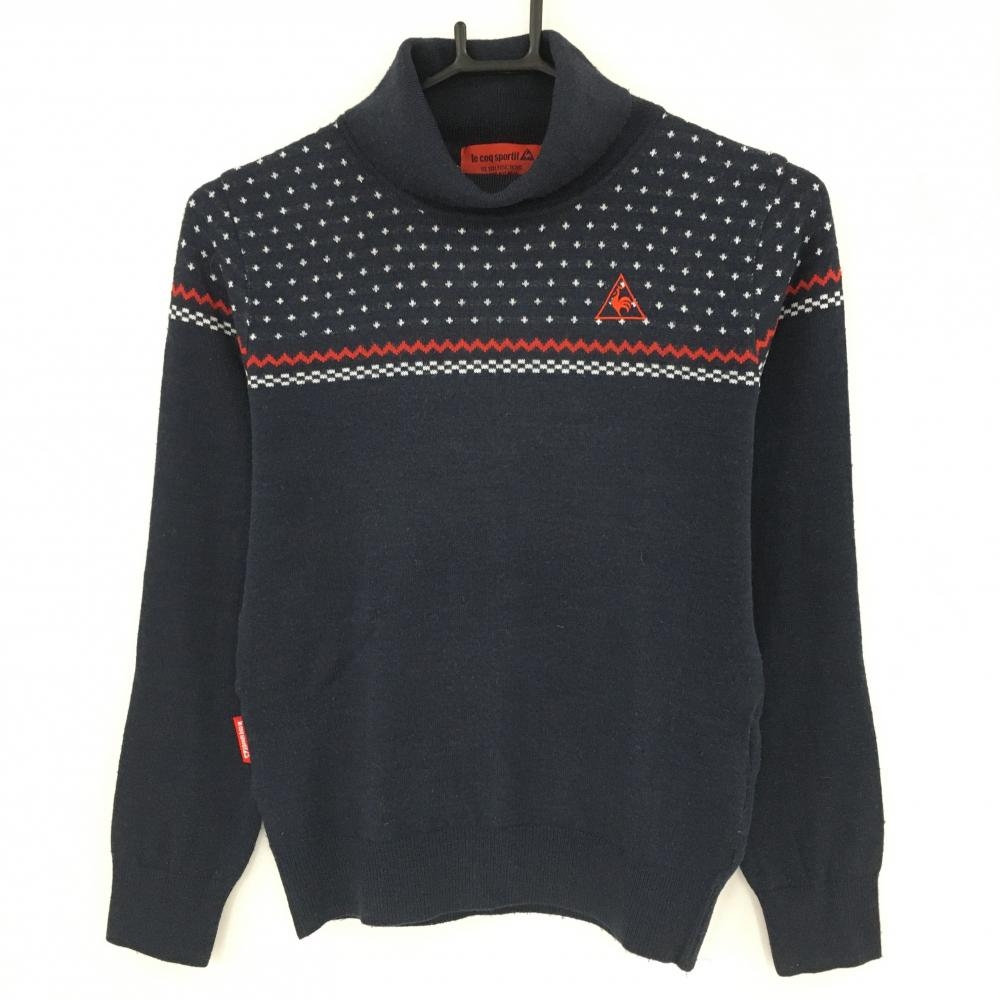 ルコックゴルフ タートルネックセーター ネイビー×白 胸上総柄 ウール混 ニット レディース S ゴルフウェア le coq sportif
