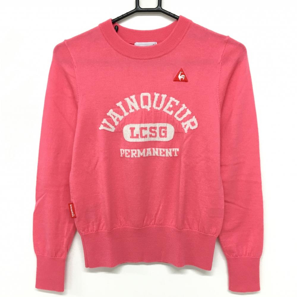 【超美品】ルコックゴルフ セーター ピンク×白 フロント英字 ウール100％ ニット  レディース M ゴルフウェア le coq sportif