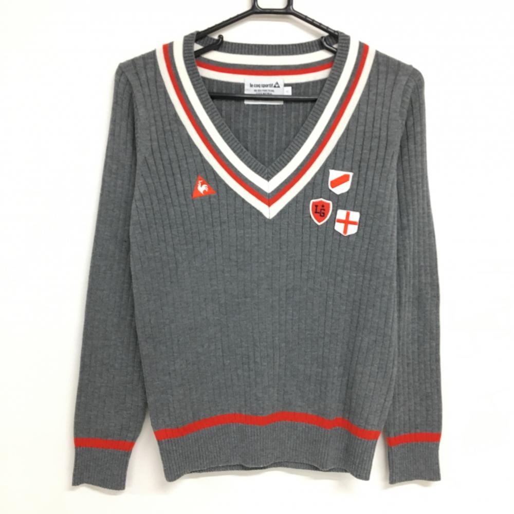 ルコックゴルフ セーター グレー×レッド Vネック 複数ワッペン  レディース M ゴルフウェア le coq sportif