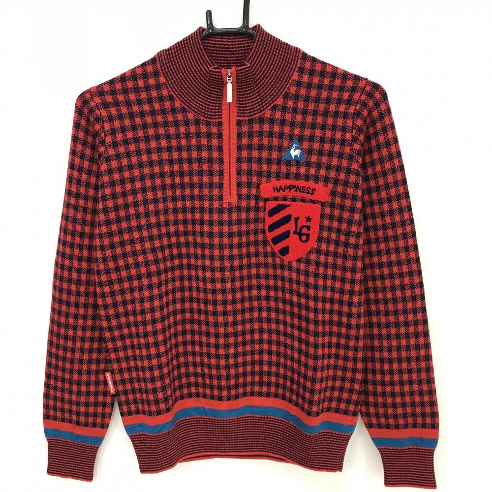 【超美品】ルコックゴルフ セーター レッド×ネイビー チェック ハーフジップ ウール混  レディース M ゴルフウェア le coq sportif