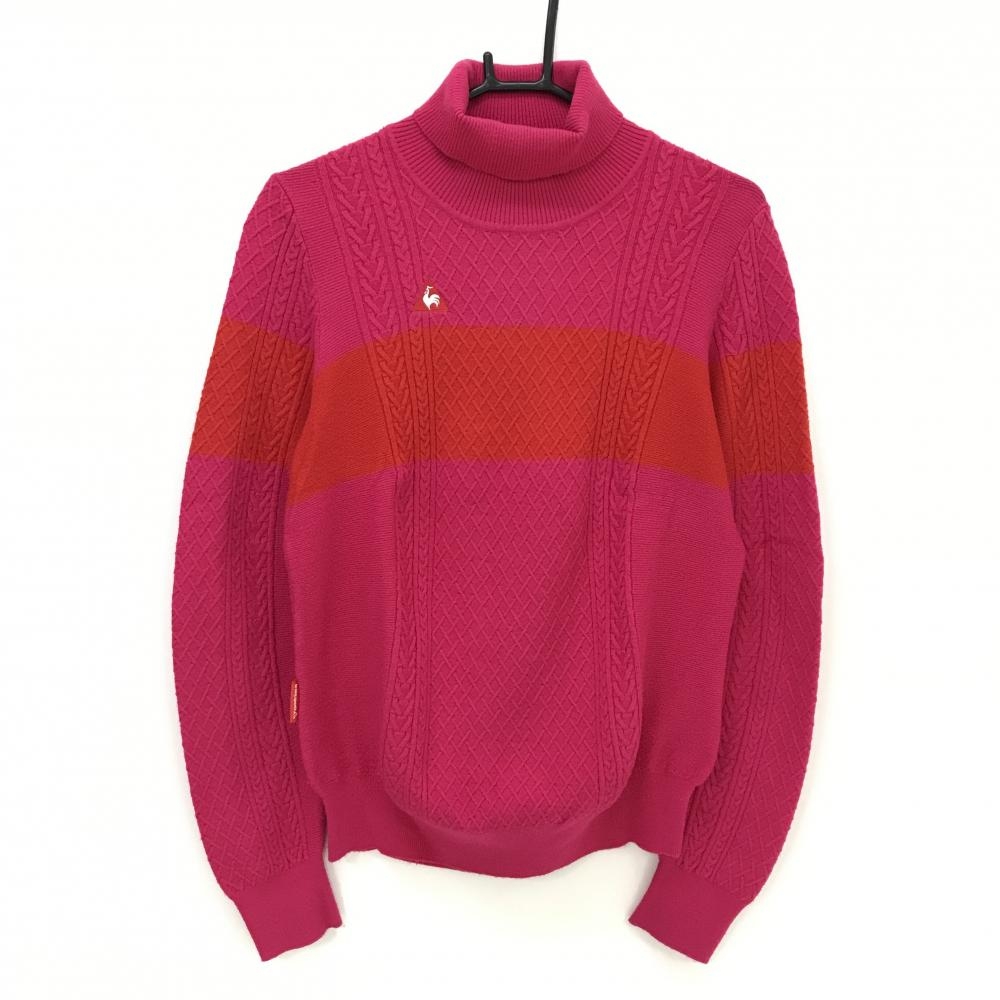 【美品】ルコックゴルフ タートルネックセーター ピンク×レッド フロントライン ケーブル編み レディース LL ゴルフウェア le coq sportif