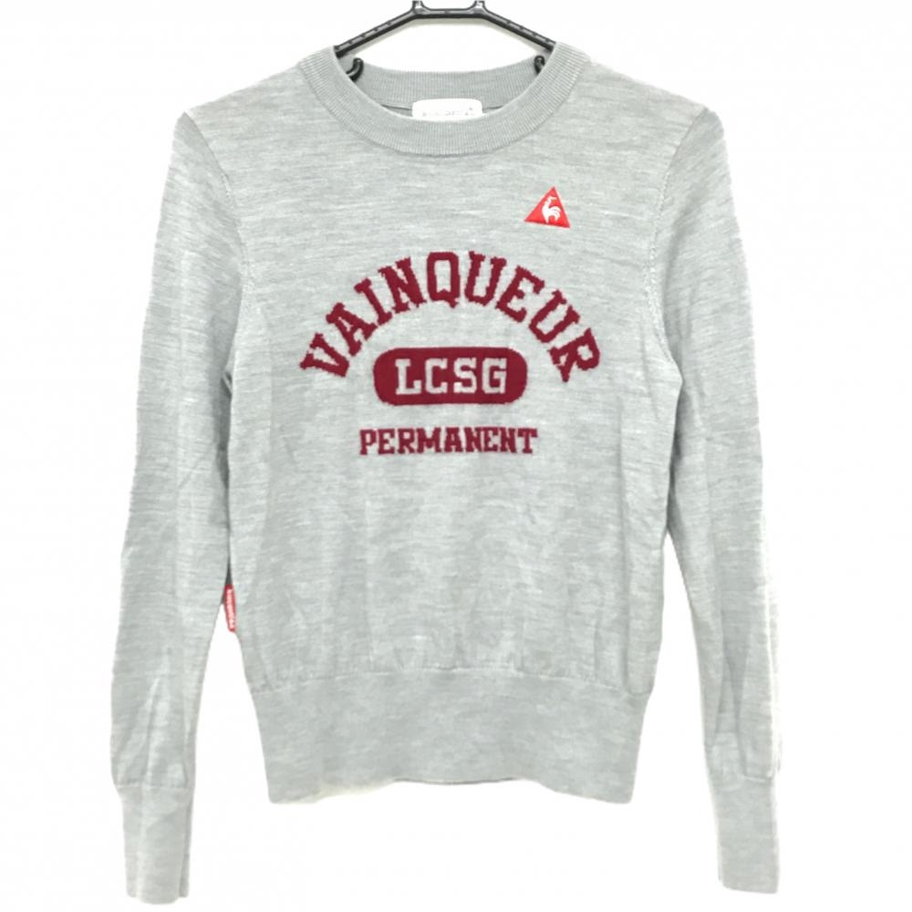ルコックゴルフ セーター グレー×レッド フロント英字 ウール100％ ニット レディース M ゴルフウェア le coq sportif