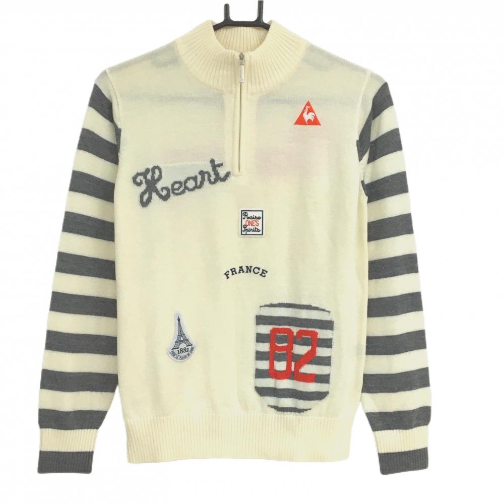 ルコック ハイネックセーター アイボリー×グレー 袖ボーダー ハーフジップ ニット ウール混 レディース M ゴルフウェア le coq sportif