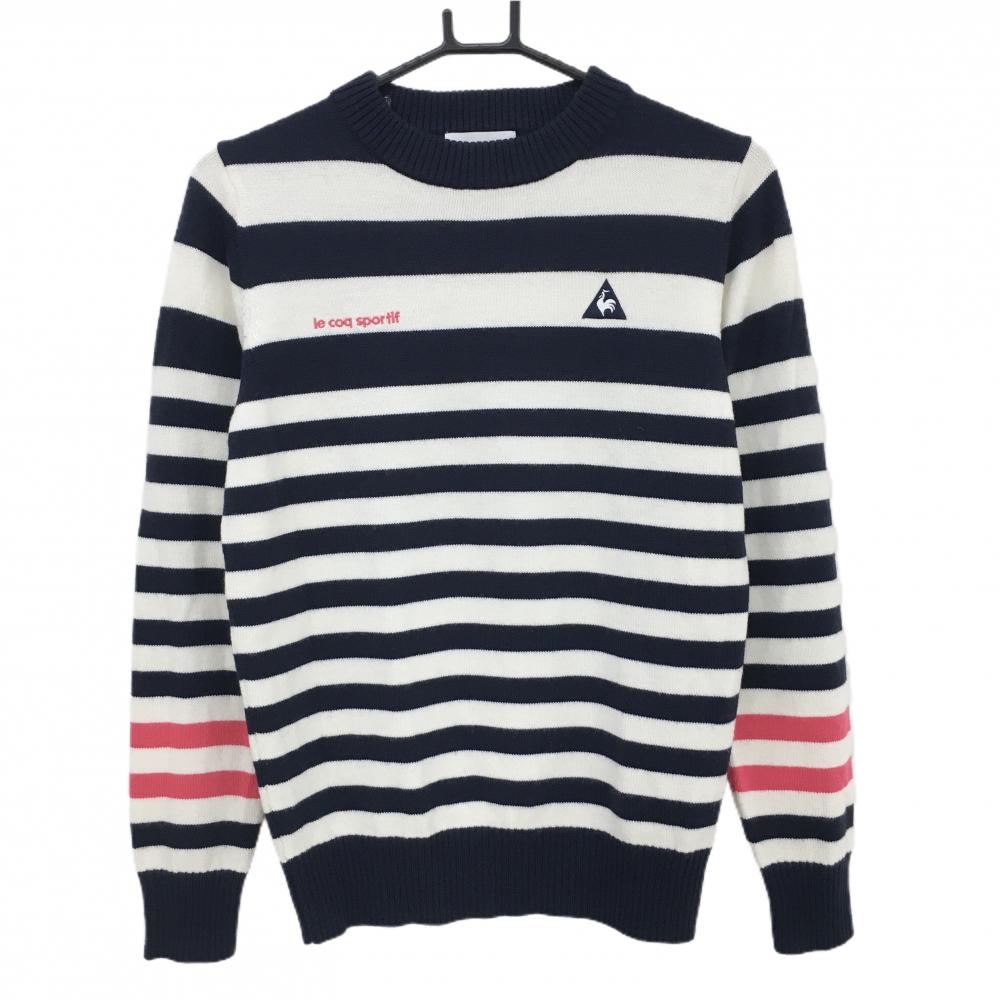 【超美品】ルコックゴルフ セーター 白×ネイビー ボーダー ウール混 ニット レディース L ゴルフウェア le coq sportif