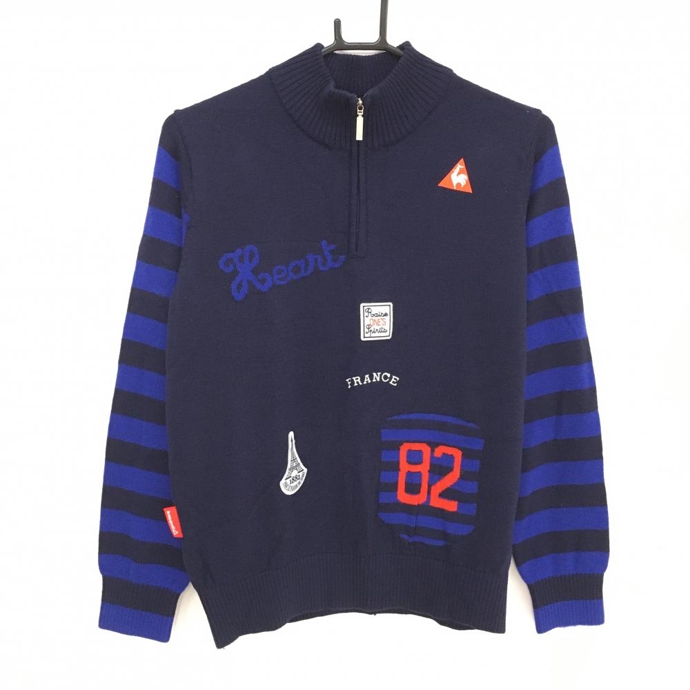 【美品】ルコックゴルフ ハイネックセーター ネイビー×ブルー ハーフジップ 袖ボーダー ニット レディース L ゴルフウェア le coq sportif