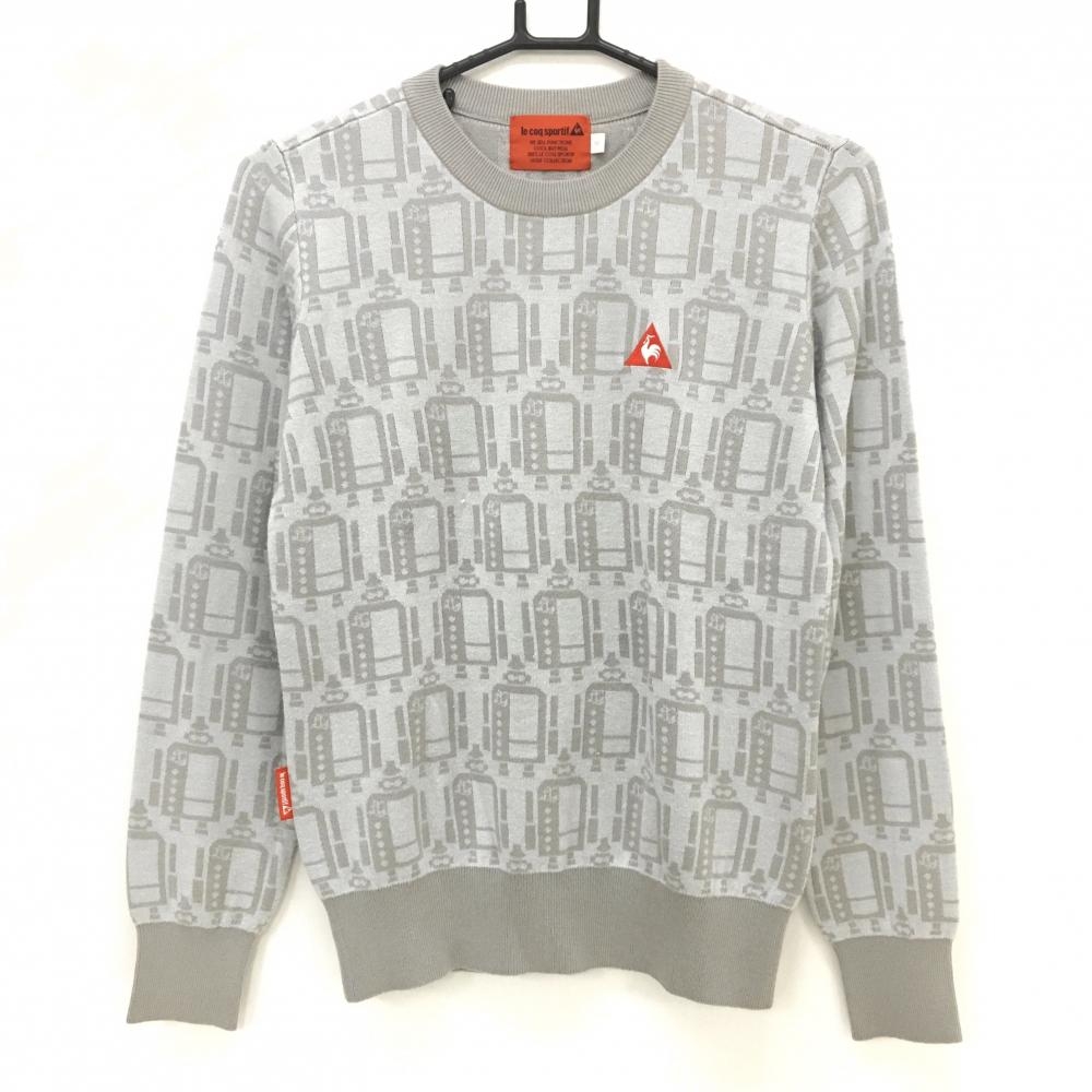ルコックゴルフ セーター ライトグレー×グレー ロボット柄 ロゴ刺しゅう ニット レディース M ゴルフウェア le coq sportif