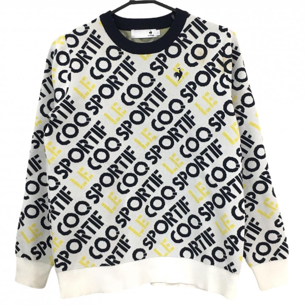 ルコックゴルフ セーター 白×ネイビー 英字総柄 ロゴ刺しゅう  レディース L ゴルフウェア le coq sportif