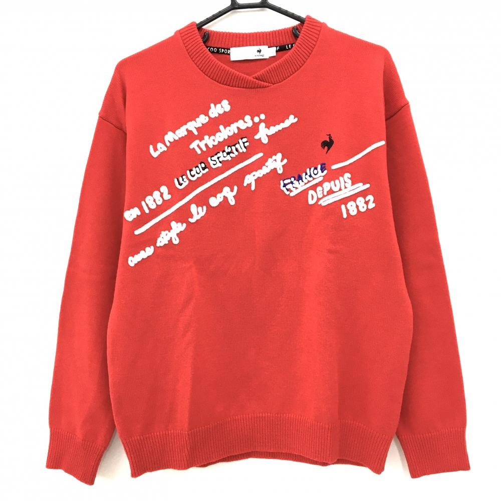 【超美品】ルコックゴルフ セーター レッド×白 フロント立体英字 ウール混  レディース LL ゴルフウェア 2024年モデル le coq sportif