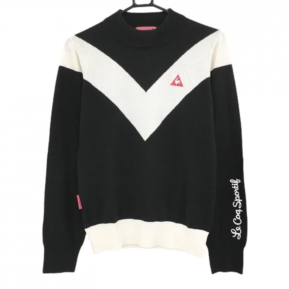 【美品】ルコックゴルフ ハイネックセーター 黒×白 ウール混 ニット レディース L ゴルフウェア le coq sportif