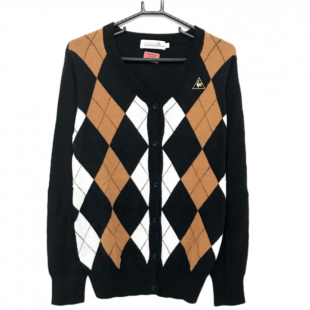 【美品】ルコックゴルフ ニットカーディガン 黒×白×ブラウン 前面アーガイル柄 ウール混 レディース L ゴルフウェア le coq sportif